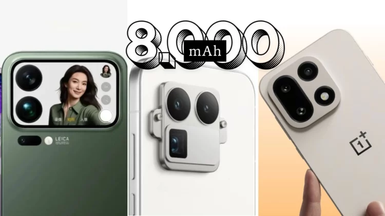 Kolase ponsel dari Xiaomi, Realme, dan OnePlus yang dirumorkan akan menjadi HP baterai 8000 mAh pertama dari masing-masing brand.