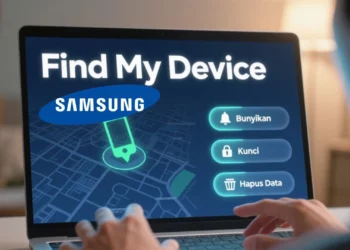 Seorang pengguna sedang menggunakan laptop untuk melacak lokasi HP Samsung hilang melalui fitur Find My Device.