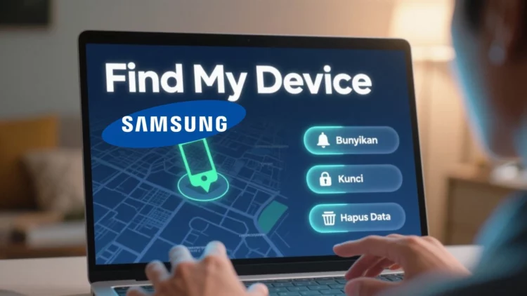 Seorang pengguna sedang menggunakan laptop untuk melacak lokasi HP Samsung hilang melalui fitur Find My Device.