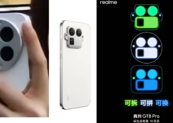 Kolase gambar yang menampilkan foto asli dan render dari Realme GT 8 Pro, menyoroti fitur modul kamera bongkar pasang.