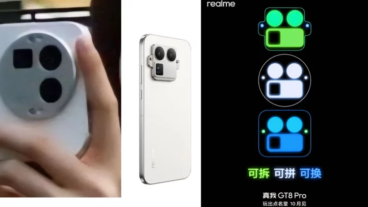 Kolase gambar yang menampilkan foto asli dan render dari Realme GT 8 Pro, menyoroti fitur modul kamera bongkar pasang.