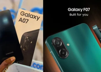 Kolase gambar yang menampilkan HP Samsung A07 dan F07, dua dari tiga ponsel kembar yang dibahas dalam artikel.