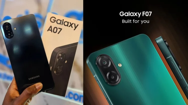 Kolase gambar yang menampilkan HP Samsung A07 dan F07, dua dari tiga ponsel kembar yang dibahas dalam artikel.