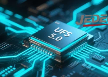 Ilustrasi chip memori UFS 5.0, standar baru penyimpanan super cepat untuk smartphone flagship.