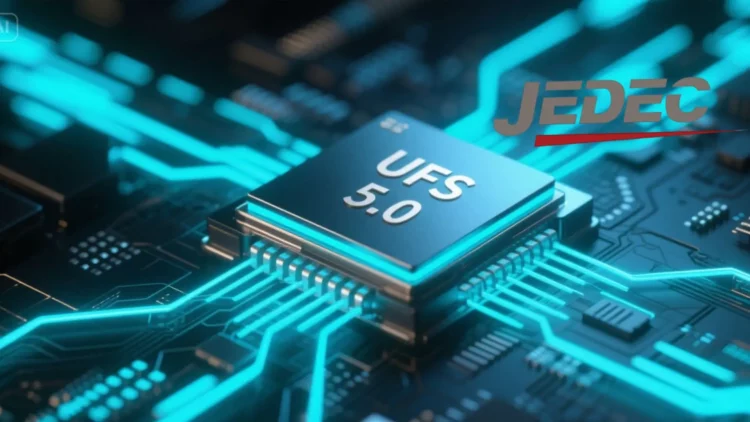 Ilustrasi chip memori UFS 5.0, standar baru penyimpanan super cepat untuk smartphone flagship.