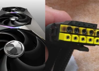 Kolase gambar kartu grafis MSI RTX 5090 dan bukti konektor RTX 5090 meleleh yang dialami pengguna.