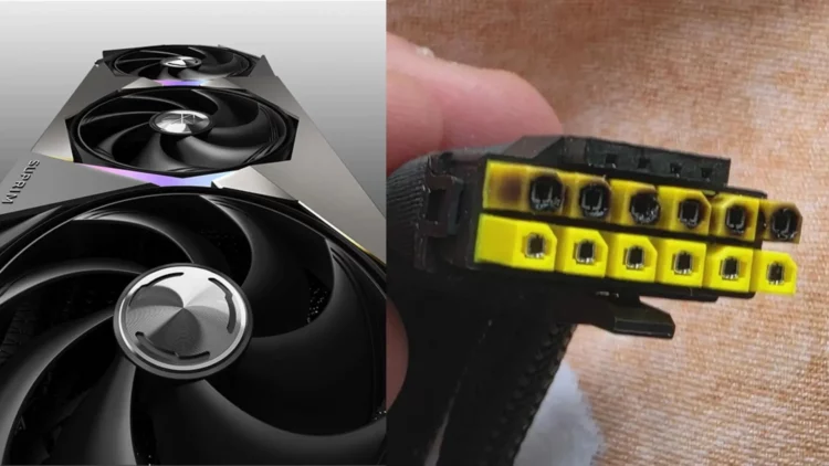 Kolase gambar kartu grafis MSI RTX 5090 dan bukti konektor RTX 5090 meleleh yang dialami pengguna.