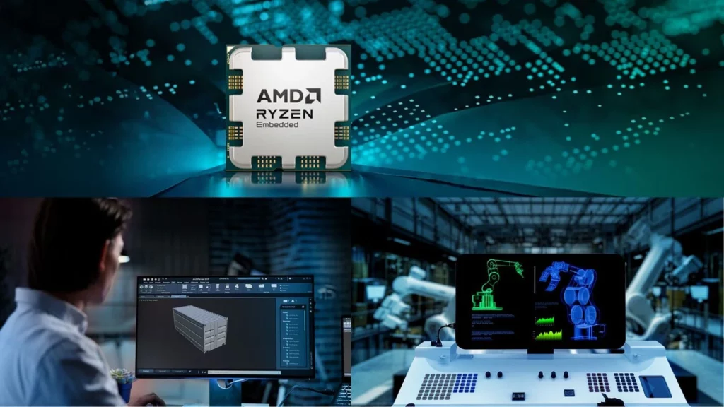 Kolase yang menampilkan chipset dan contoh aplikasi dari AMD Ryzen Embedded 9000 untuk industri.