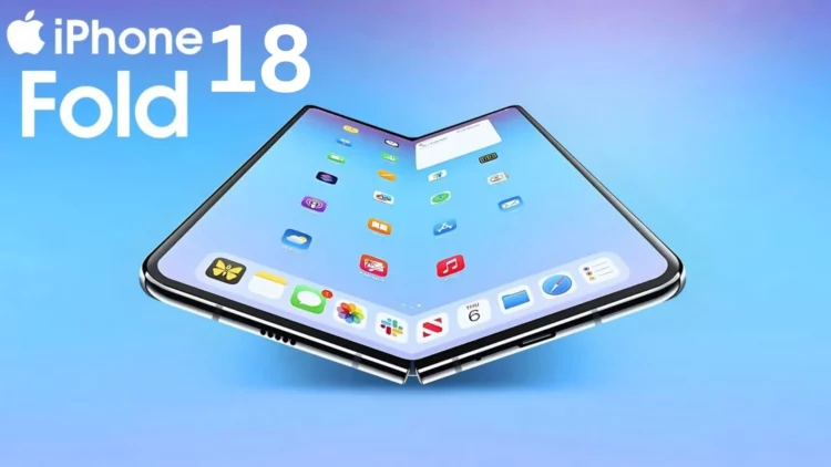Render konseptual iPhone 18 Fold menampilkan perangkat lipat dalam posisi terbuka parsial, menunjukkan antarmuka iOS di layar lipatnya dengan tulisan "iPhone 18 Fold" di pojok kiri atas.