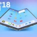 Render konseptual iPhone 18 Fold menampilkan perangkat lipat dalam posisi terbuka parsial, menunjukkan antarmuka iOS di layar lipatnya dengan tulisan "iPhone 18 Fold" di pojok kiri atas.