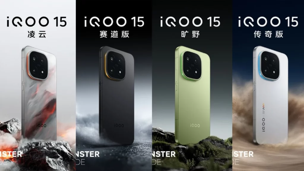 Empat varian warna resmi iQOO 15 yang ditampilkan berjajar, termasuk corak putih-abu, hitam-emas, hijau muda, dan putih edisi Legend.