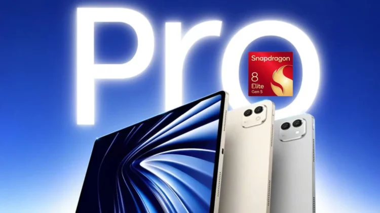 Ilustrasi konseptual tablet Snapdragon 8 Elite Gen 5 pertama di dunia, menampilkan beberapa tablet premium dengan logo resmi chipset tersebut.