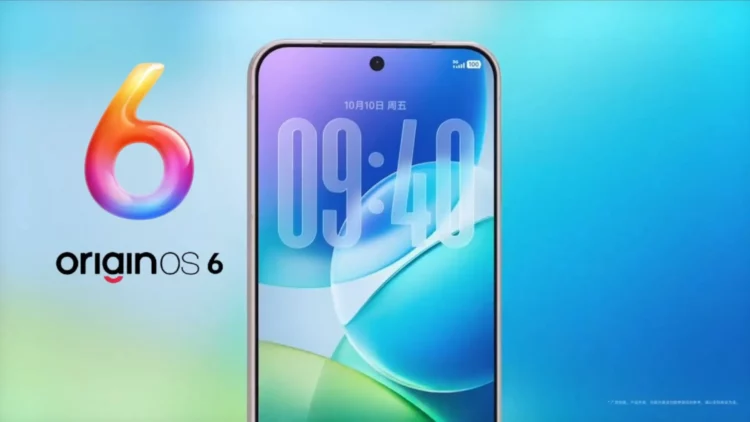 Poster resmi yang menampilkan tampilan OriginOS 6 di layar kunci smartphone Vivo, dengan logo OriginOS 6 di sebelahnya.