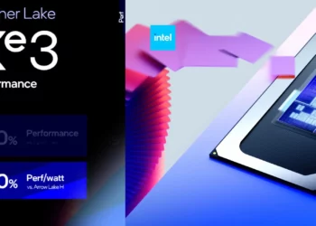 Slide presentasi resmi Intel yang menunjukkan klaim performa iGPU Xe3 pada Intel Panther Lake: peningkatan performa lebih dari 50% dan efisiensi daya lebih dari 40%.