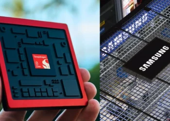 Gambar perbandingan yang menunjukkan model chip Snapdragon 8 Elite Gen 5 di sebelah kiri dan logo Samsung di sebelah kanan, mengilustrasikan berita Samsung membuat chip tersebut.