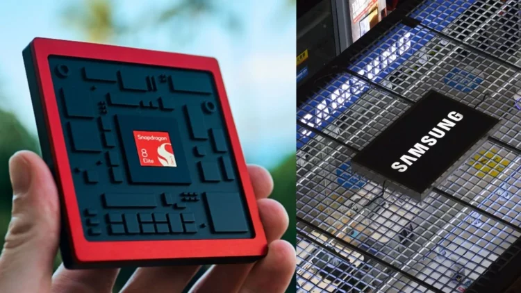 Gambar perbandingan yang menunjukkan model chip Snapdragon 8 Elite Gen 5 di sebelah kiri dan logo Samsung di sebelah kanan, mengilustrasikan berita Samsung membuat chip tersebut.
