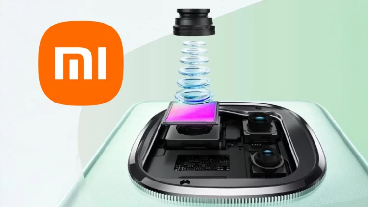 Ilustrasi sensor kamera 200MP Xiaomi dengan logo Mi di samping modul kamera canggih yang menunjukkan tumpukan lensa dan sensor.