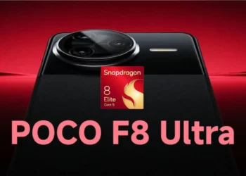 Ilustrasi HP gaming Poco F8 Ultra dengan logo chipset Snapdragon 8 Elite Gen 5, yang skor benchmark-nya baru saja bocor di Geekbench.