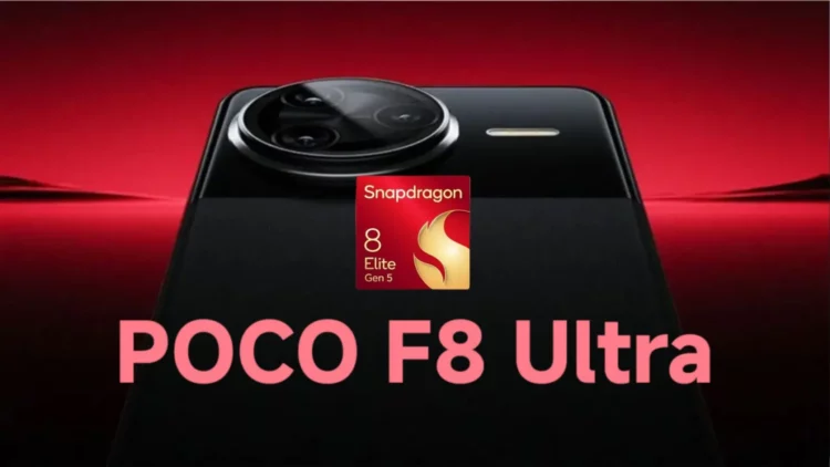 Ilustrasi HP gaming Poco F8 Ultra dengan logo chipset Snapdragon 8 Elite Gen 5, yang skor benchmark-nya baru saja bocor di Geekbench.