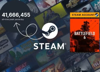 Infografis yang menunjukkan rekor pemain Steam terbaru mencapai 41,6 juta, dengan logo Steam dan game Battlefield 6 sebagai pendorong utamanya.