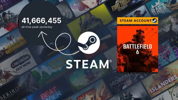 Infografis yang menunjukkan rekor pemain Steam terbaru mencapai 41,6 juta, dengan logo Steam dan game Battlefield 6 sebagai pendorong utamanya.
