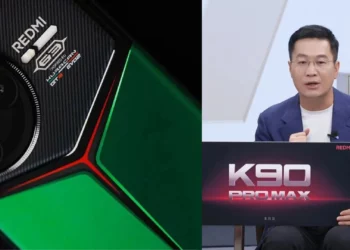 Presiden Xiaomi, Lu Weibing, saat mengonfirmasi nama Redmi K90 Pro Max di samping ilustrasi desain performa tinggi dari seri Redmi K.