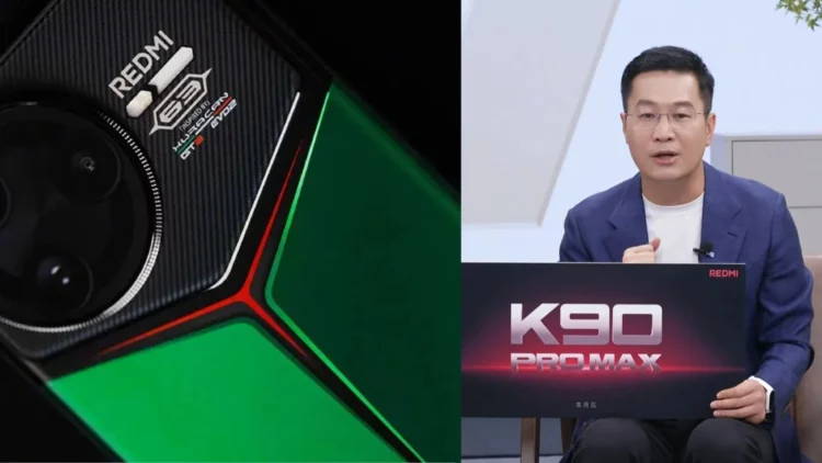 Presiden Xiaomi, Lu Weibing, saat mengonfirmasi nama Redmi K90 Pro Max di samping ilustrasi desain performa tinggi dari seri Redmi K.