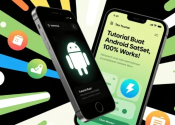 Ilustrasi dua smartphone menampilkan tutorial cara mempercepat HP Android yang lemot, dengan ikon Android dan simbol petir yang melambangkan kecepatan.