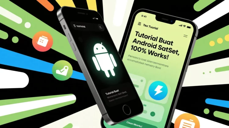 Ilustrasi dua smartphone menampilkan tutorial cara mempercepat HP Android yang lemot, dengan ikon Android dan simbol petir yang melambangkan kecepatan.