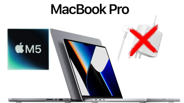 Ilustrasi MacBook Pro M5 di samping gambar charger yang dicoret, sebagai visualisasi kontroversi MacBook tanpa charger yang dibahas dalam artikel.