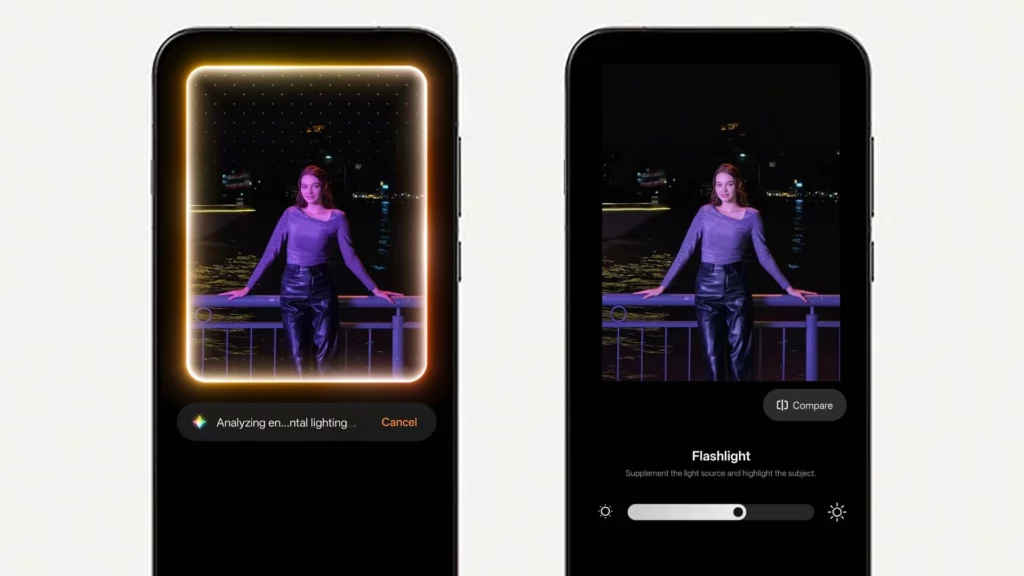 Demonstrasi fitur AI Portrait Glow pada ColorOS 16, menunjukkan proses analisis cahaya dan hasil foto potret yang lebih terang dan detail.