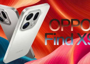 Dua smartphone Oppo Find X9 berwarna perak ditampilkan dari berbagai sudut dengan modul kamera belakang yang besar dan unik, di atas latar belakang abstrak berwarna merah dan biru yang dinamis.