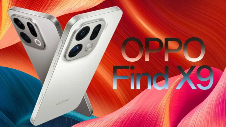 Dua smartphone Oppo Find X9 berwarna perak ditampilkan dari berbagai sudut dengan modul kamera belakang yang besar dan unik, di atas latar belakang abstrak berwarna merah dan biru yang dinamis.