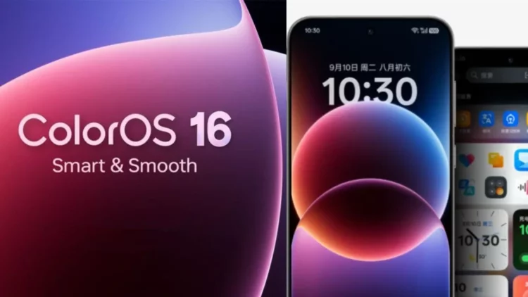 Gambar promosi resmi update ColorOS 16 yang menampilkan logo "Smart & Smooth" di sebelah smartphone yang memperlihatkan desain antarmuka baru pada lock screen dan home screen.