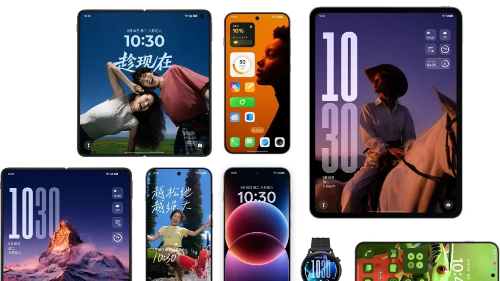 Kumpulan tangkapan layar perangkat Oppo yang menampilkan fitur kustomisasi dan desain antarmuka baru dari ColorOS 16 pada berbagai model smartphone dan tablet, termasuk wallpaper video dan Always-On-Display inovatif.