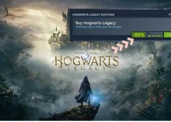 Gambar promosi game Hogwarts Legacy dengan overlay diskon besar 85% di Steam, menunjukkan harga menjadi Rp 119.850.
