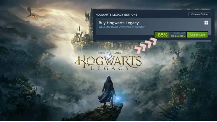 Gambar promosi game Hogwarts Legacy dengan overlay diskon besar 85% di Steam, menunjukkan harga menjadi Rp 119.850.