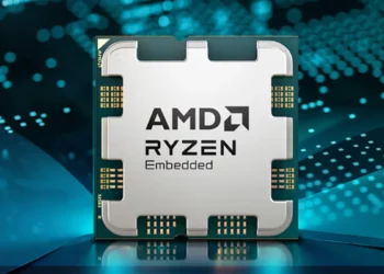 Gambar close-up chipset prosesor AMD Ryzen Embedded 9000 yang baru saja dirilis.