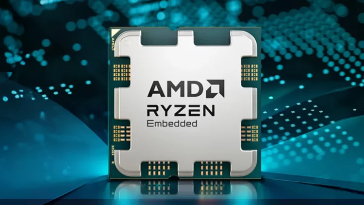 Gambar close-up chipset prosesor AMD Ryzen Embedded 9000 yang baru saja dirilis.