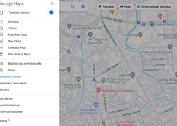 Menu samping Google Maps di desktop atau web yang terbuka, menampilkan opsi 'Tambahkan tempat' yang disorot, di atas latar belakang peta