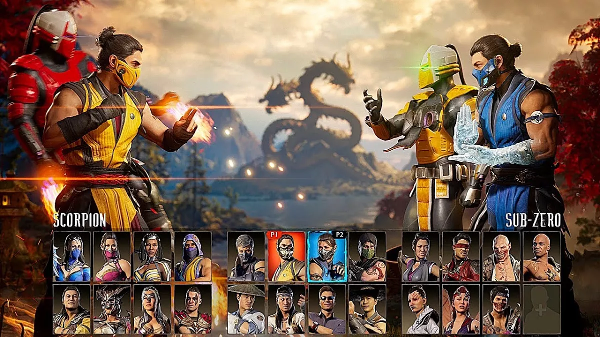 Layar pemilihan karakter Mortal Kombat menampilkan Scorpion dan Sub-Zero di tengah latar belakang naga emas.