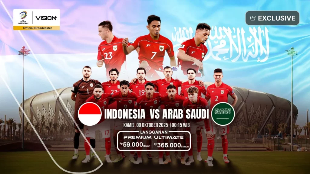 Poster promosi resmi untuk live streaming Indonesia vs Arab Saudi di Kualifikasi Piala Dunia 2026.