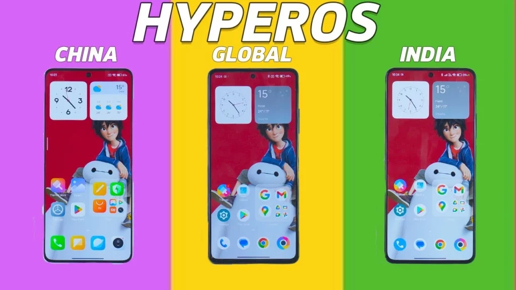 Gambar perbandingan visual yang menunjukkan perbedaan HyperOS 3 Global dan China (serta India), menyoroti perbedaan ikon aplikasi bawaan.