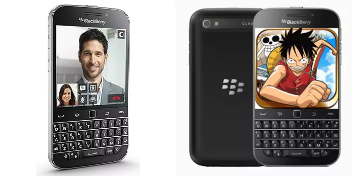Tiga tampilan ponsel BlackBerry Bold 9900/9930 berwarna hitam: tampak depan dengan keyboard QWERTY, tampak belakang dengan logo BlackBerry Bold, dan tampak samping yang ramping
