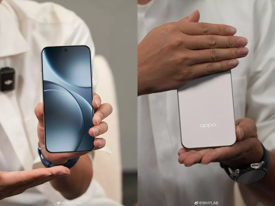 Dua gambar kolase: satu tangan memegang bagian depan smartphone Oppo dengan layar aktif, dan tangan lain memegang bagian belakang smartphone Oppo berwarna silver.