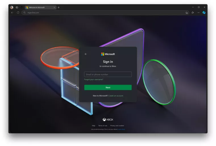 Tampilan halaman login akun Microsoft untuk Xbox di peramban web, dengan desain gelap dan elemen grafis 3D modern.