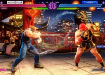 Aksi pertarungan sengit antara karakter Guile dan Balrog (atau petinju lain) di panggung Cina dalam game Street Fighter.