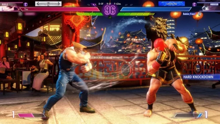 Aksi pertarungan sengit antara karakter Guile dan Balrog (atau petinju lain) di panggung Cina dalam game Street Fighter.