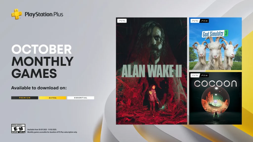Poster resmi yang menampilkan daftar lengkap game gratis PS Plus Oktober 2025, yaitu Alan Wake 2, Goat Simulator 3, dan Cocoon.
