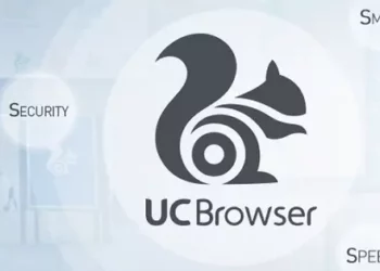Logo UC Browser berupa tupai berwarna abu-abu gelap dengan teks 'UCBrowser' di tengah, dikelilingi oleh gelembung tulisan 'Security', 'Smart', dan 'Speed'.